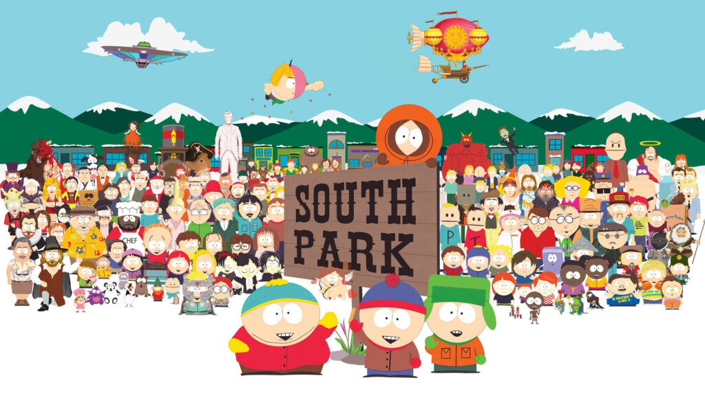 Cheerful South Park Characters Wallpaper Against Mountain Backdrop