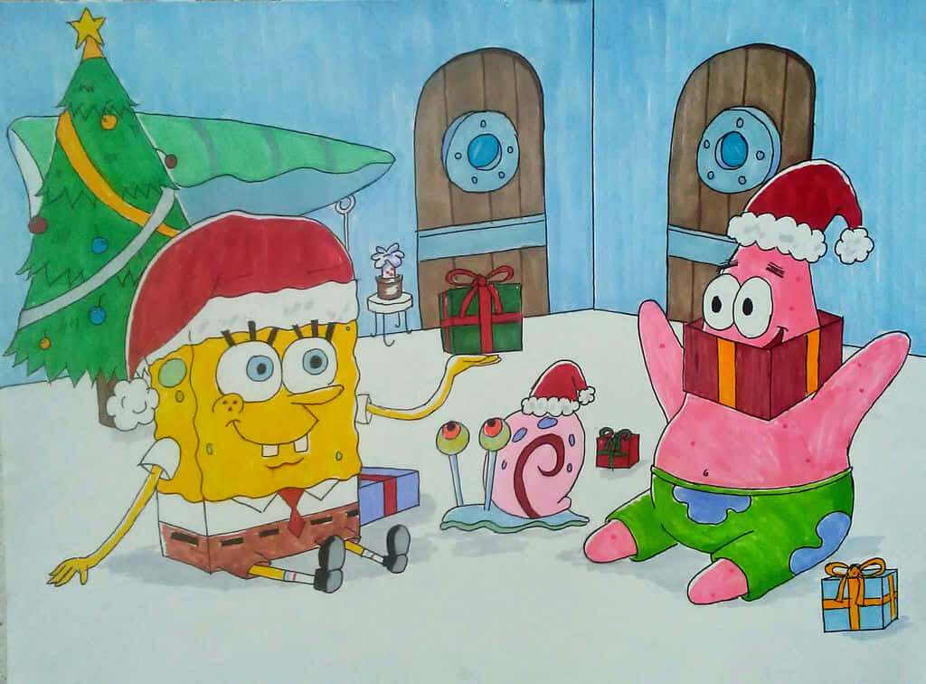 Cheerful SpongeBob & Patrick Christmas Wallpaper with Presents & Tree