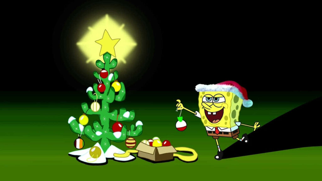Cheerful SpongeBob Santa Wallpaper: Christmas Tree Joy!