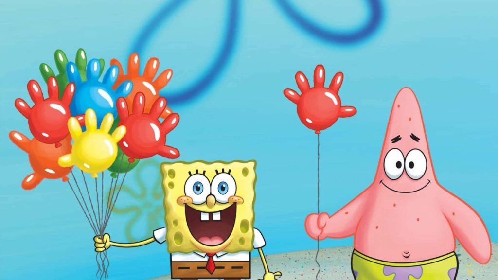 SpongeBob SquarePants and Patrick Star colorful balloons Bikini Bottom cheerful wallpaper background