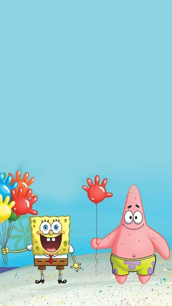 SpongeBob and Patrick colorful balloons on Bikini Bottom sandy floor under sunny sky wallpaper