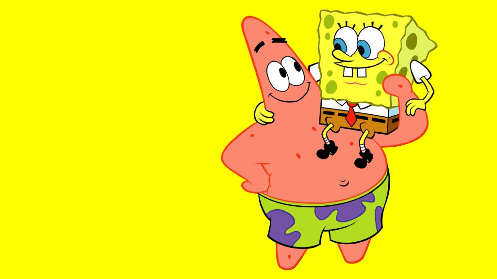 SpongeBob SquarePants and Patrick Star smiling on bright yellow minimalist desktop wallpaper