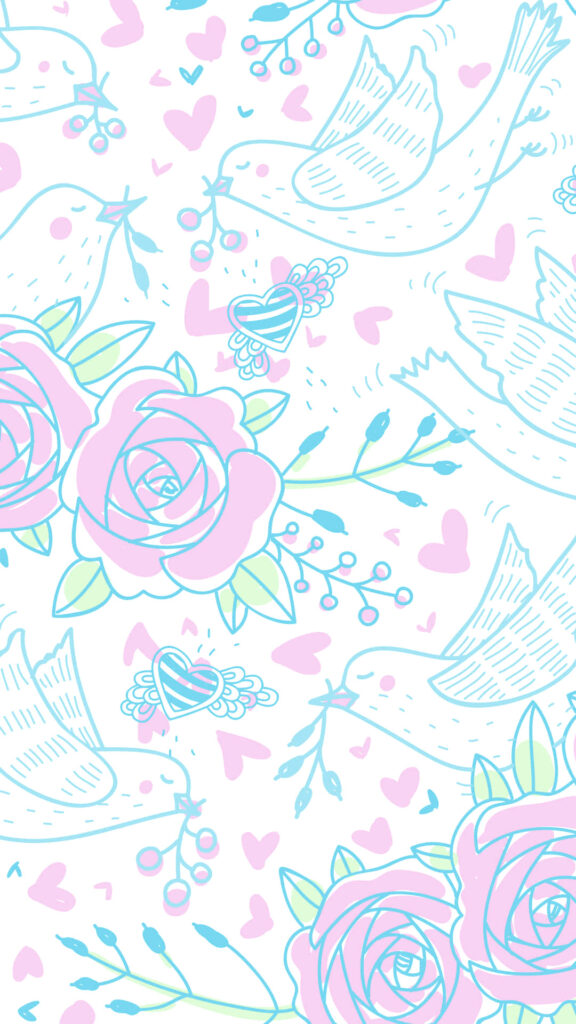 Cheerful Spring iPhone Wallpaper: Pastel Hearts & Charming Doves