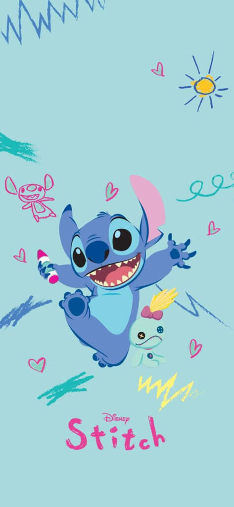 Cheerful Stitch Wallpaper: Fun Doodles & Hearts on Light Blue