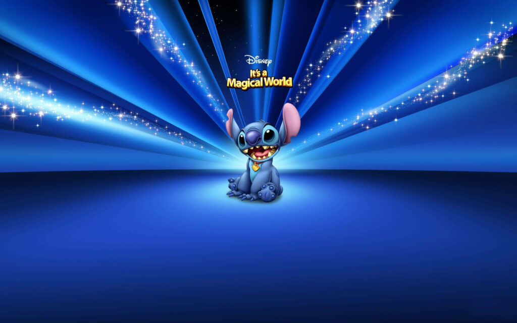 Whimsical Stitch Artwork: Magical World on Vibrant Blue Background Wallpaper