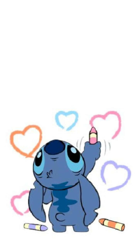 Cheerful Stitch Wallpaper with Colorful Hearts for Valentine's Day