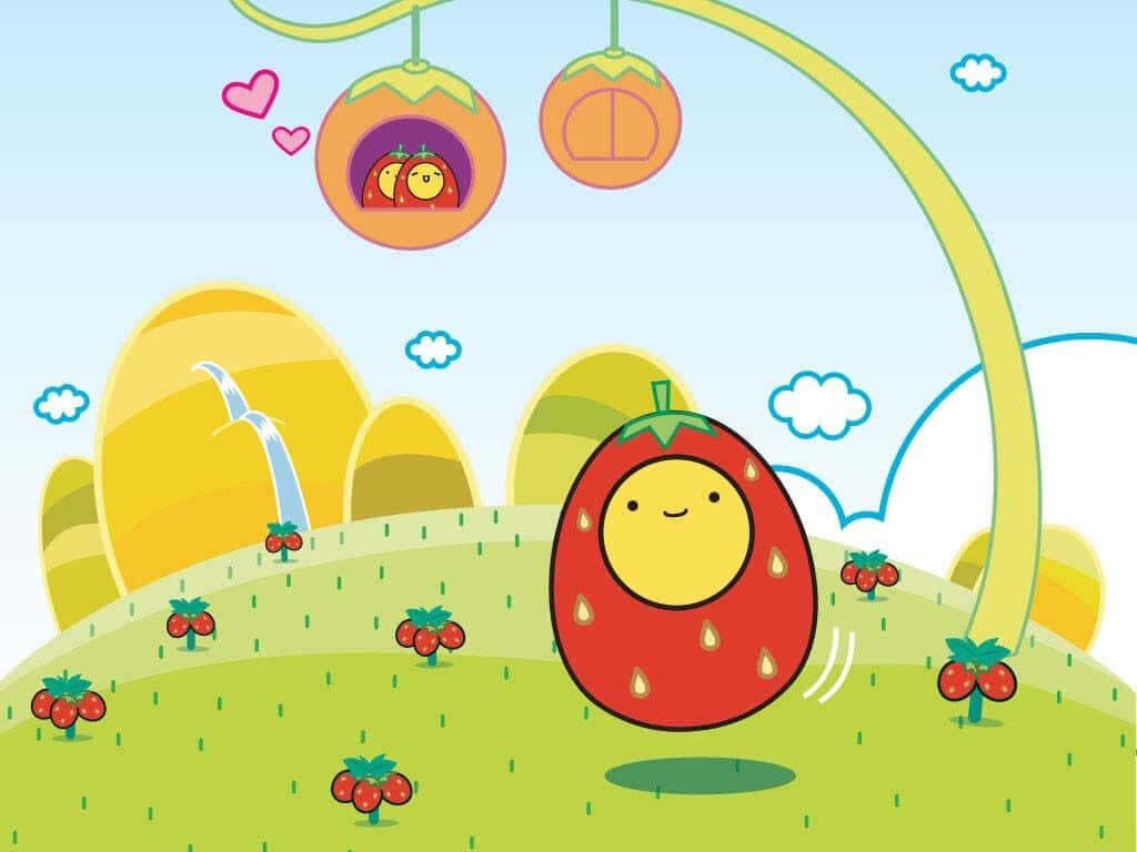 Cheerful Strawberry Character Wallpaper with Colorful Food Elements