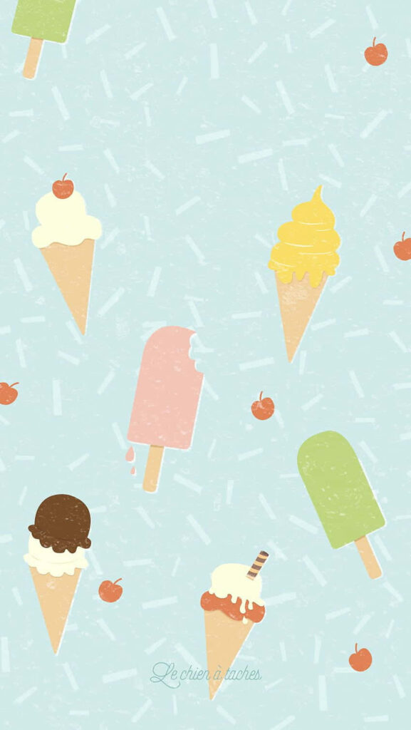 Playful summer wallpaper with colorful ice cream cones popsicles cherries on light blue background