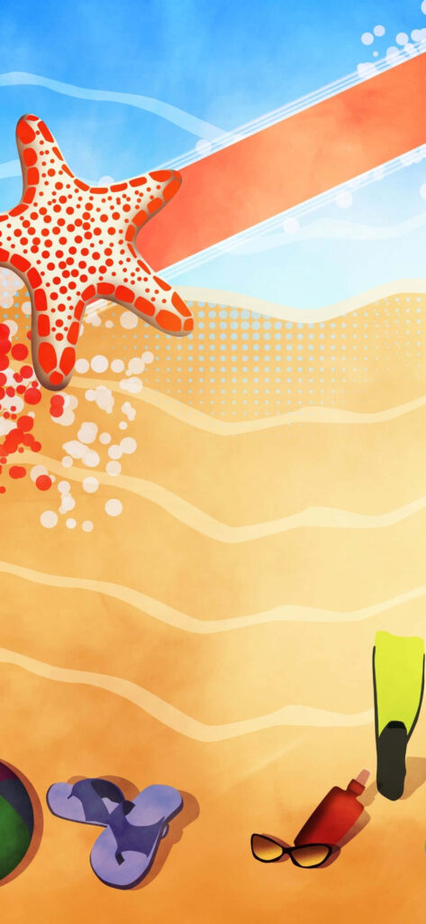 Cheerful Summer Wallpaper: Beach Scene with Starfish & Essentials