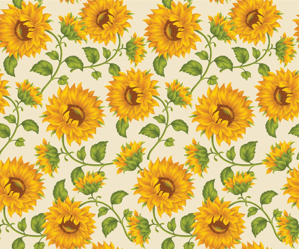 Bright Sunflower Wallpaper: Cheerful Design with Lush Green Leaves