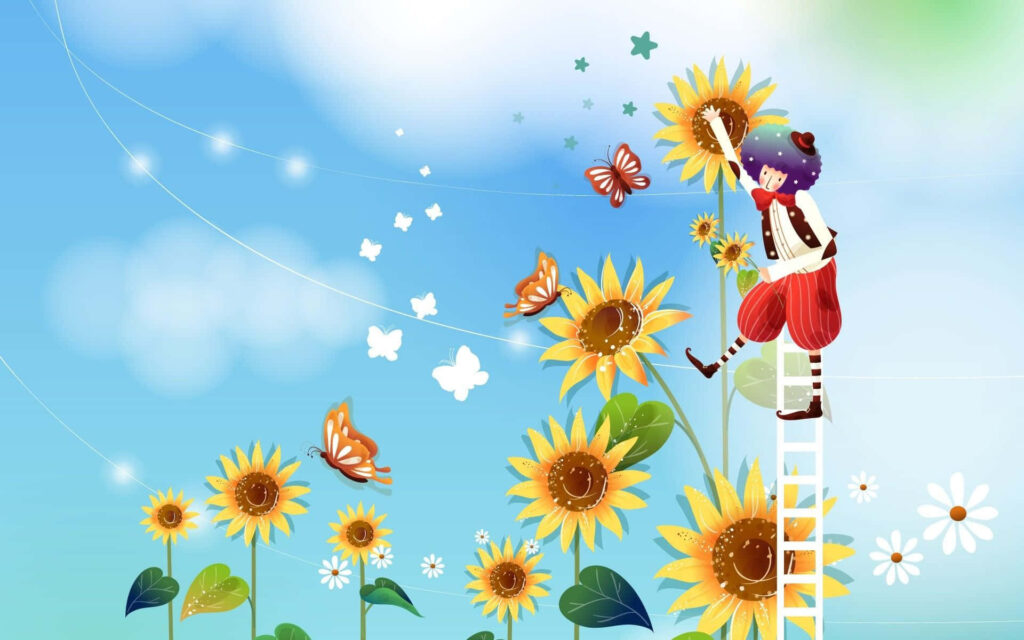 Cheerful Sunflower Wallpaper with Whimsical Character & Butterflies