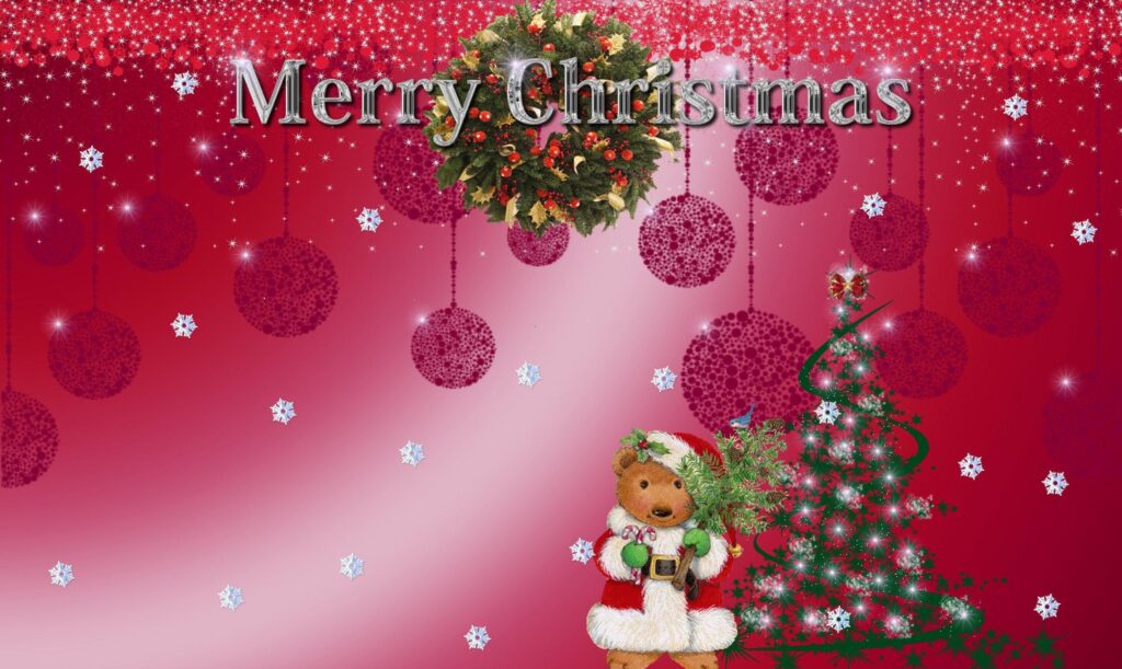 Cheerful Christmas Wallpaper: Teddy Bear, Gifts & Snowflakes