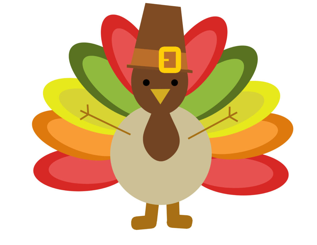 Cheerful cartoon Thanksgiving turkey with colorful feathers and pilgrim hat festive wallpaper