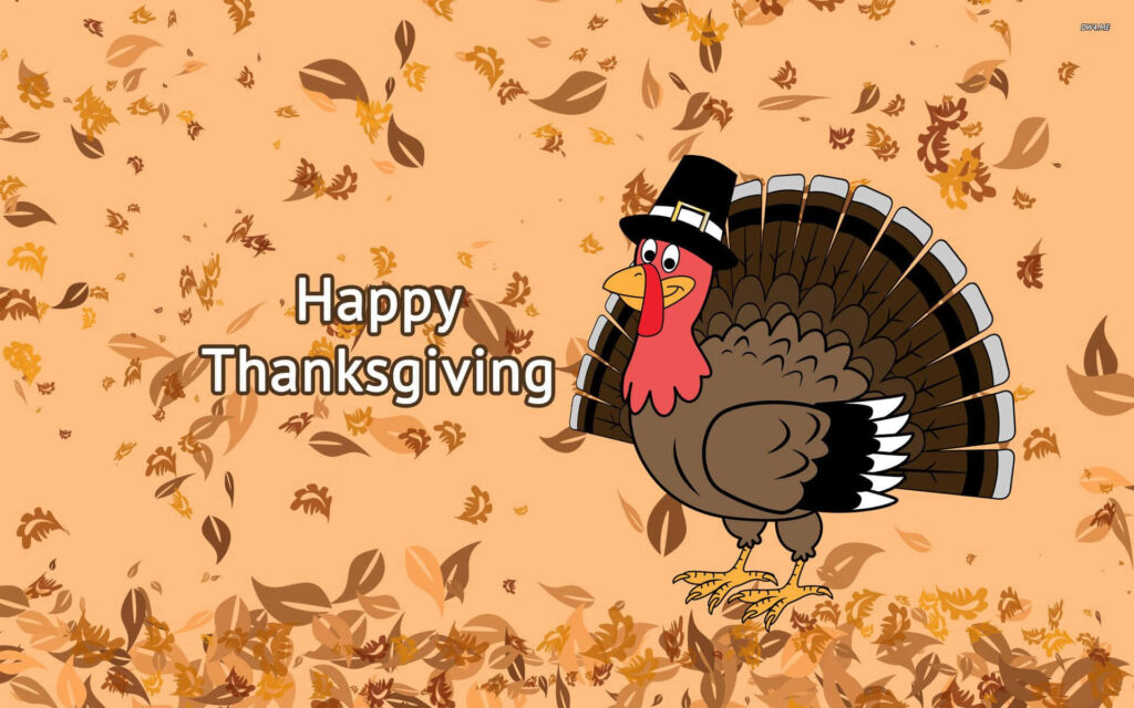 Cartoon pilgrim turkey with falling autumn leaves and Happy Thanksgiving festive wallpaper background
