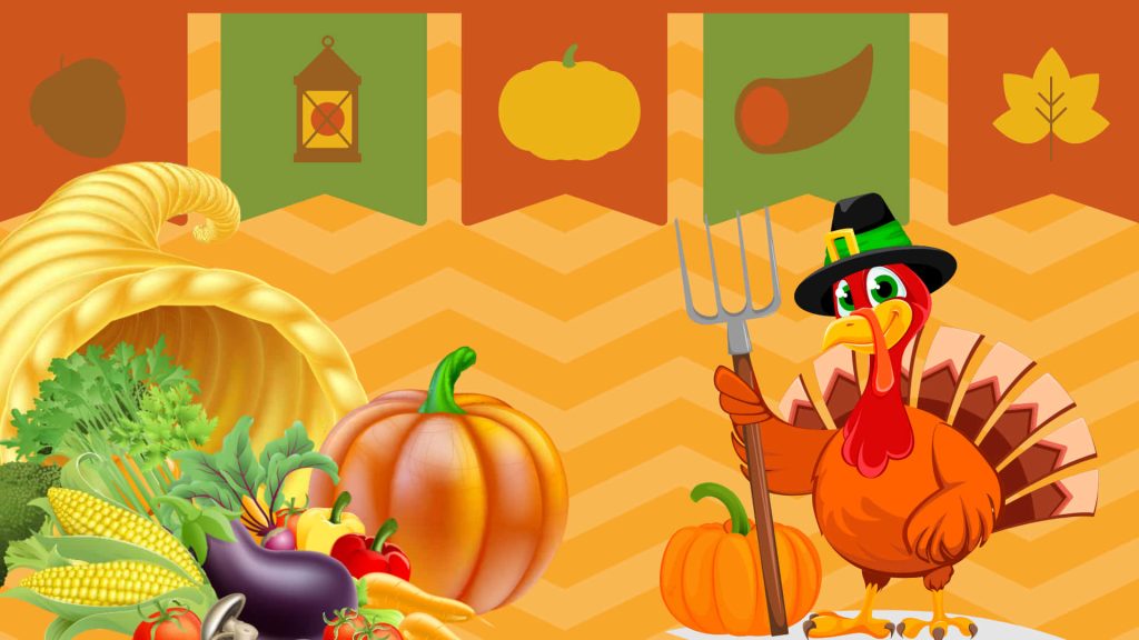 Cartoon turkey in pilgrim hat with pitchfork and cornucopia on orange Thanksgiving wallpaper