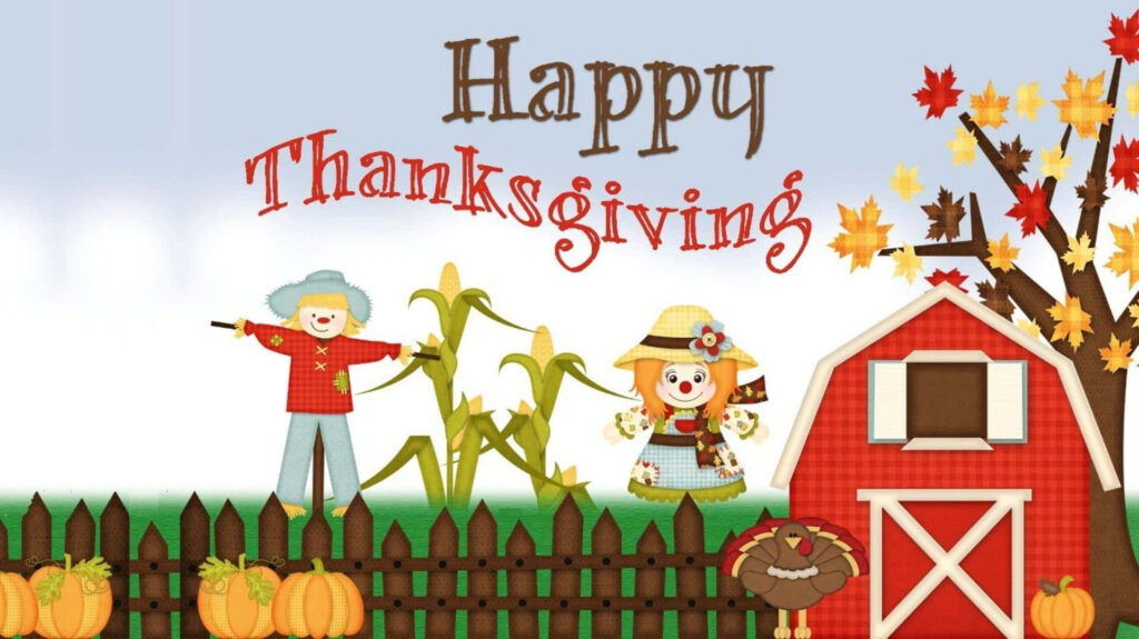 Cheerful cartoon scarecrows autumn wallpaper with pumpkins corn stalks red barn Happy Thanksgiving