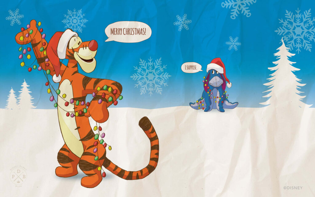 Festive Wallpaper: Tigger in Santa Hat with Christmas Lights in Snow