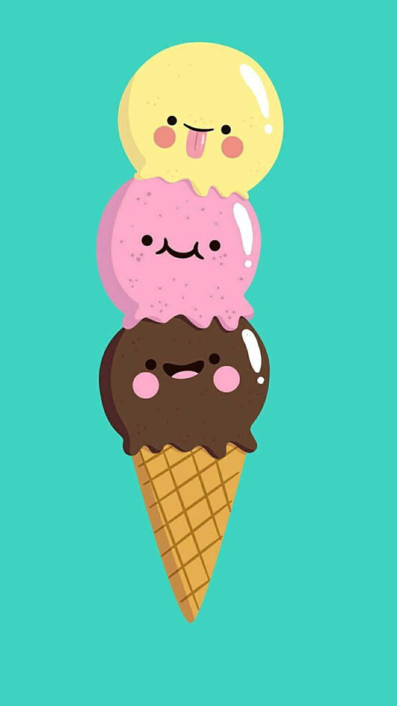 Cheerful triple scoop ice cream cone with smiling faces on bright turquoise background wallpaper
