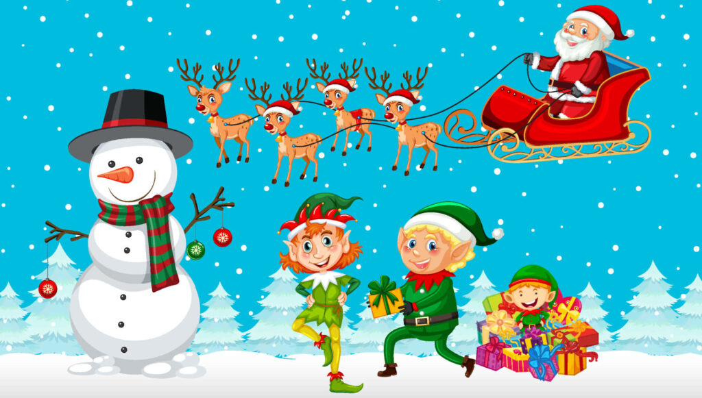 Cheerful Winter Wallpaper: Santa's Elves in a Festive Scene