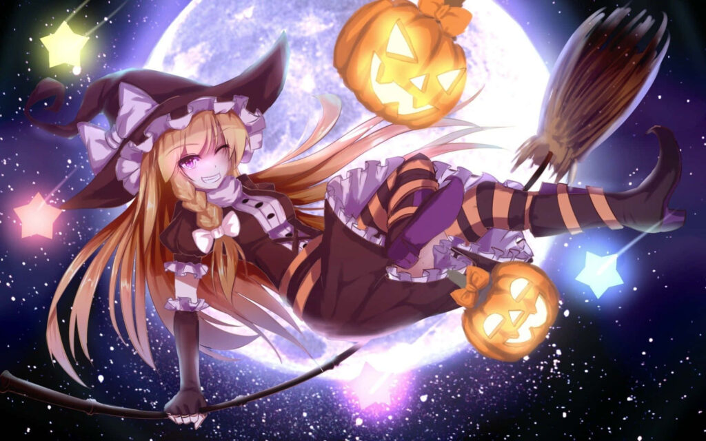 Cheerful Witch Broomstick Wallpaper: Magical Halloween Decor