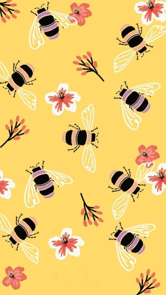 Hand-drawn bees and flowers wallpaper on cheerful yellow background for playful iPhone screen