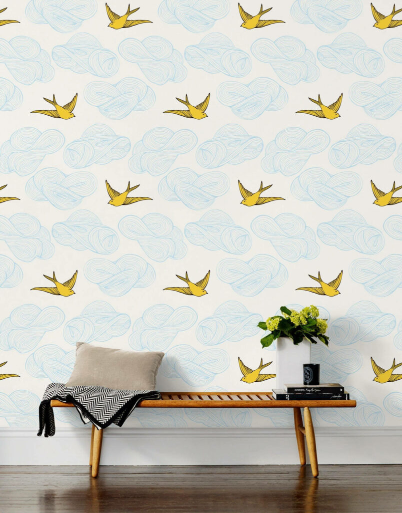 Whimsical Yellow Birds Wallpaper on Soft Blue & White Background
