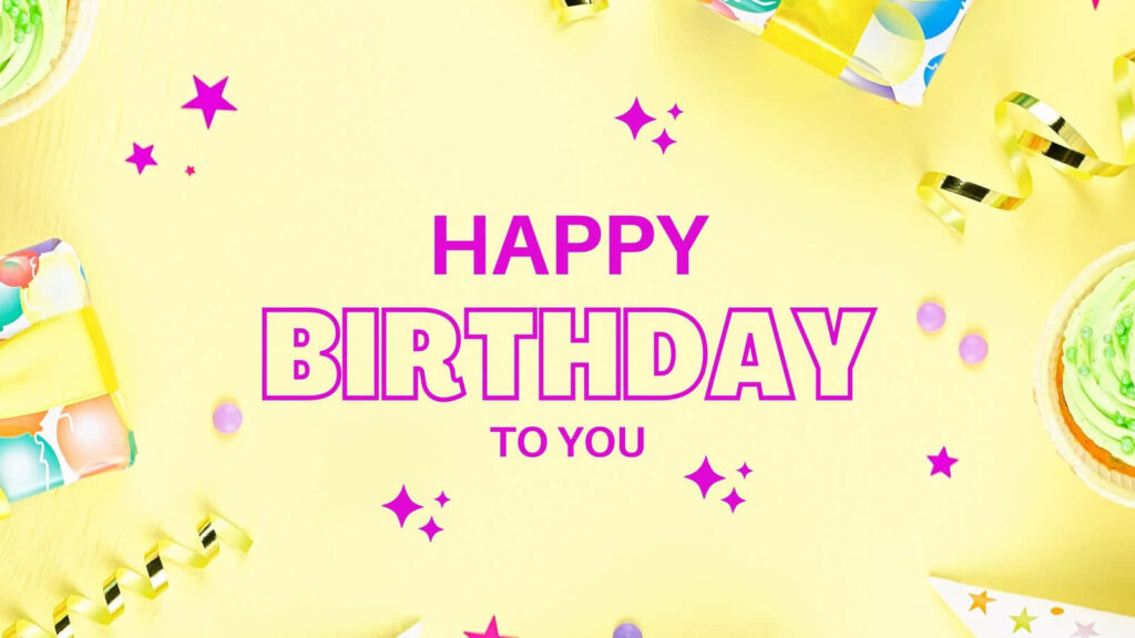 Cheerful Yellow Birthday Wallpaper with Pink Text & Festive Decor