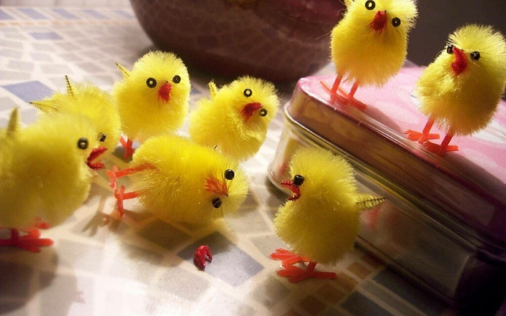 Cheerful Yellow Chicks on Tiled Surface – Cute Wallpaper Background