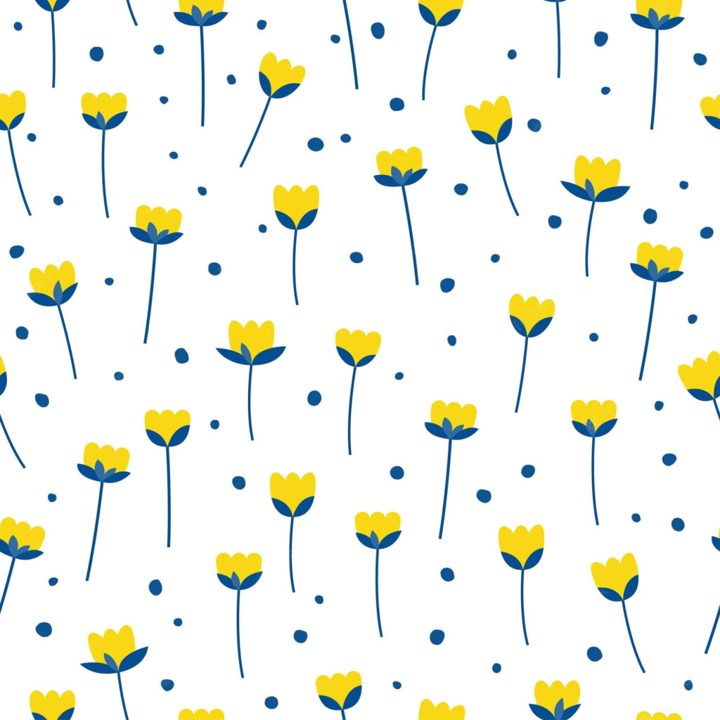 Cheerful Yellow Flower Wallpaper with Blue Stems on White Background