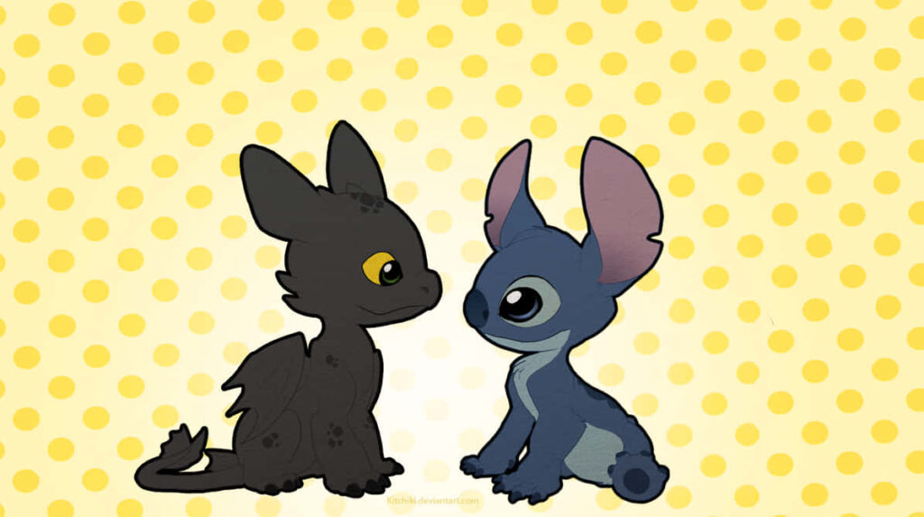 Adorable Polka Dot Wallpaper of Toothless and Stitch on Yellow