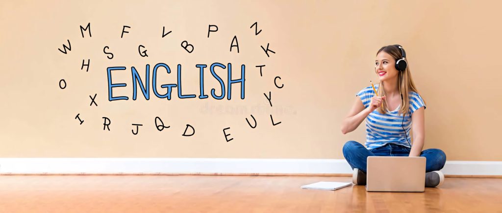 Smiling young woman studying English online with laptop headphones floating letters background Wallpaper