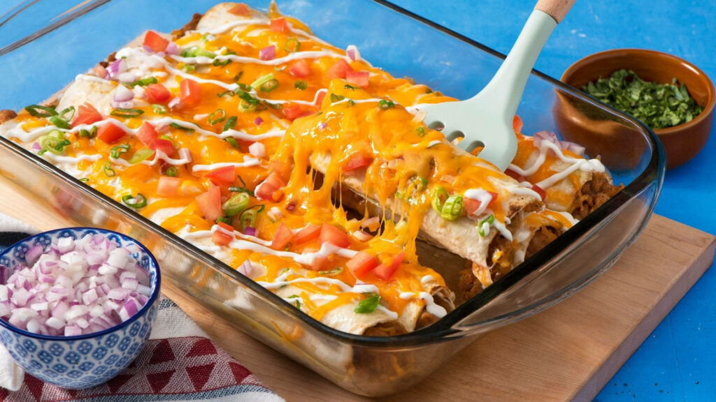 Cheesy Enchiladas Wallpaper: Baked with Fresh Toppings & Sauces