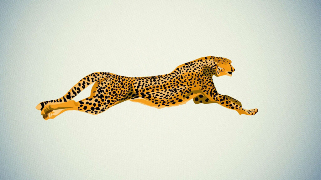 Dynamic fanart of leaping cheetah with golden fur and black spots on pale textured background Wallpaper