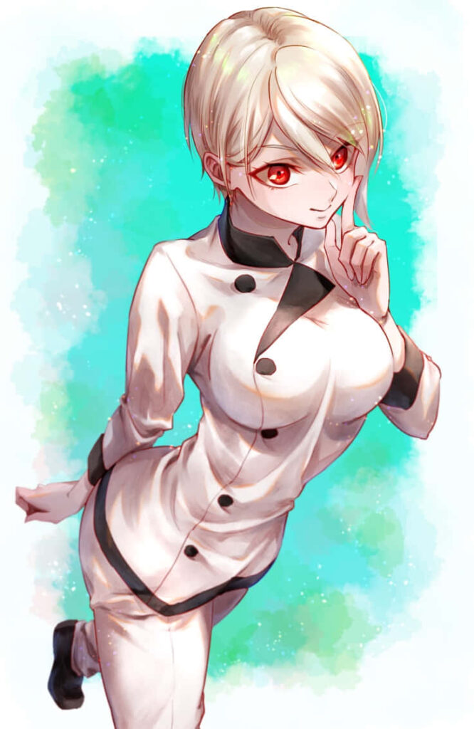 Chef Alice Nakiri cooking confidently in pristine uniform against vibrant turquoise background Wallpaper