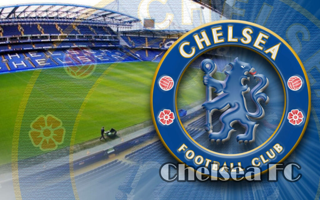 The Blues Reign Supreme: Stunning Digital Cover of Chelsea Arena and Emblem Wallpaper