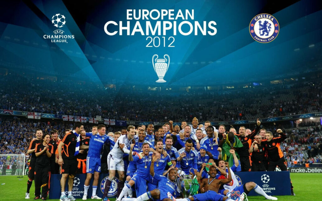 Chelsea team lifting the UEFA Champions League trophy 2012 championship celebration wallpaper
