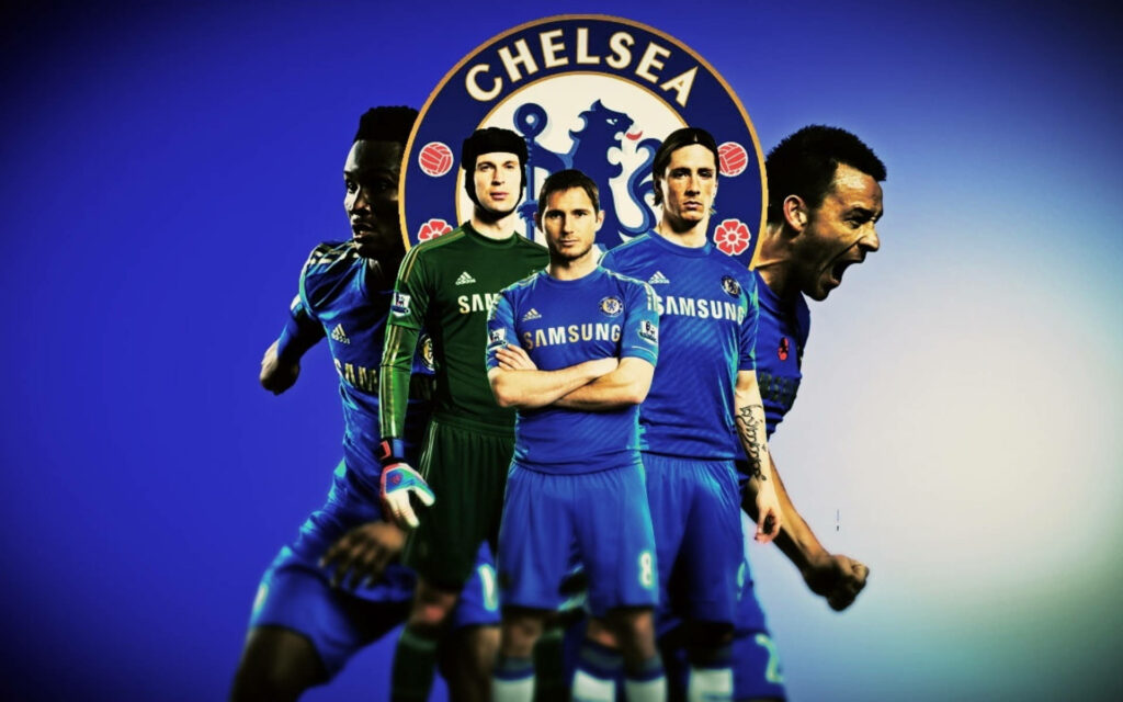 Chelsea football players united in front of bold club crest wallpaper background image