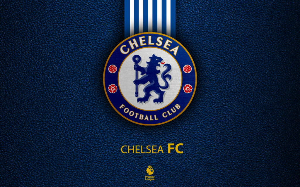 Chelsea FC logo on textured blue leather background with bold white and blue stripes wallpaper