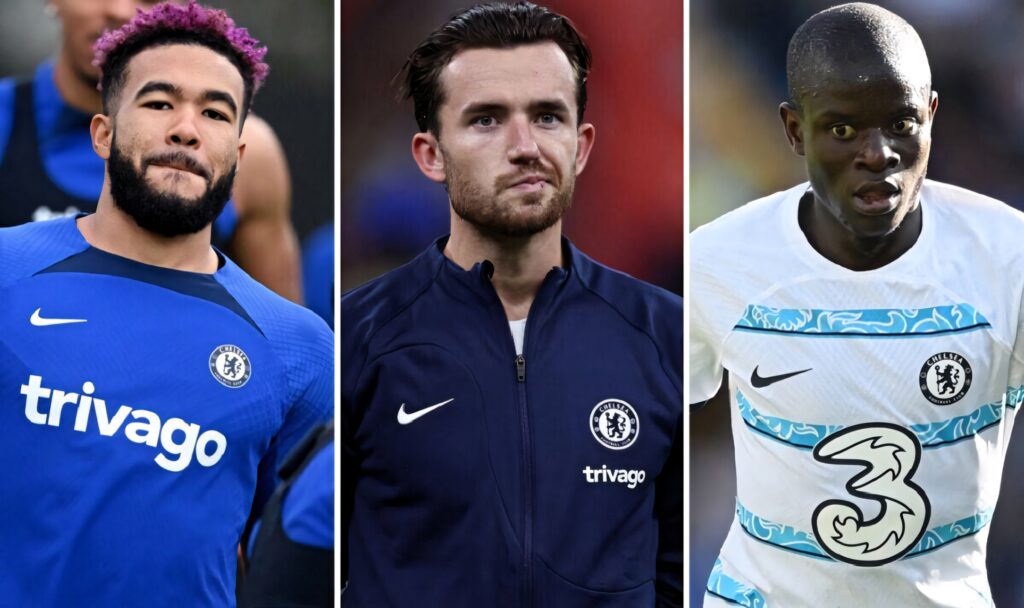 Chelsea FC stars Reece James Ben Chilwell and N'Golo Kante in club kits showing determination Wallpaper