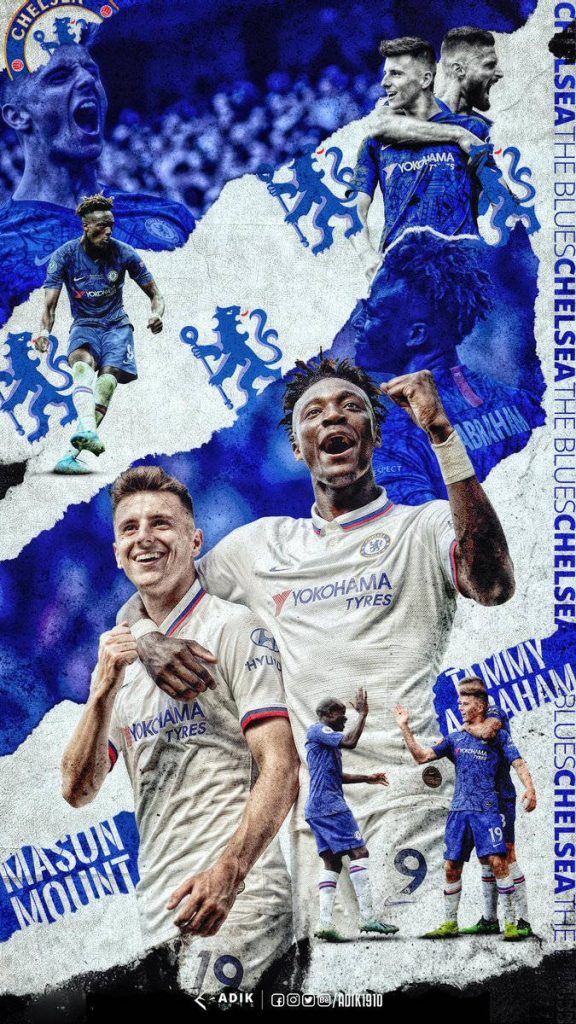 Chelsea FC wallpaper featuring Mason Mount Tammy Abraham Olivier Giroud in white kits with team crest