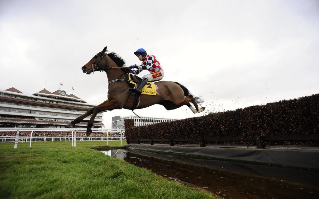 Jockey in checkered silks jumping horse over hurdle at Cheltenham Racecourse race wallpaper