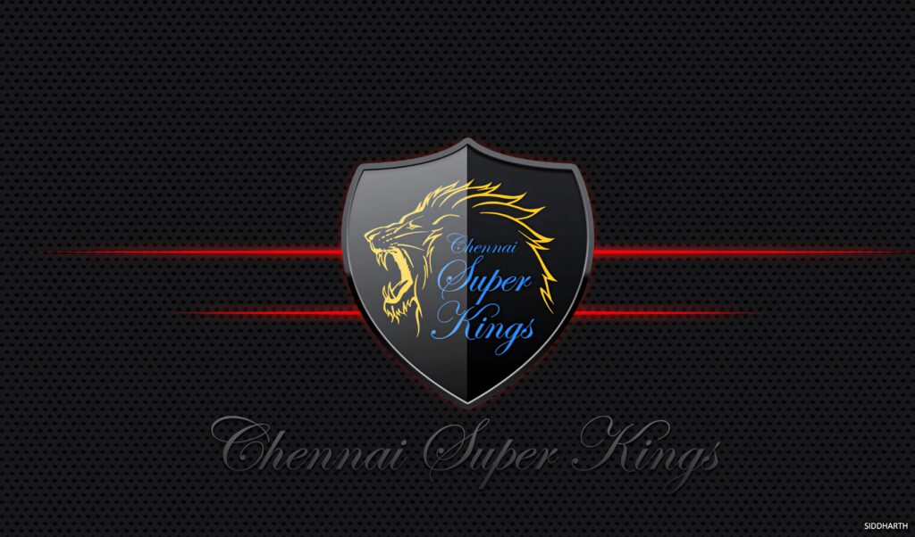 Chennai Super Kings wallpaper with roaring yellow lion on dark shield red glowing lines background