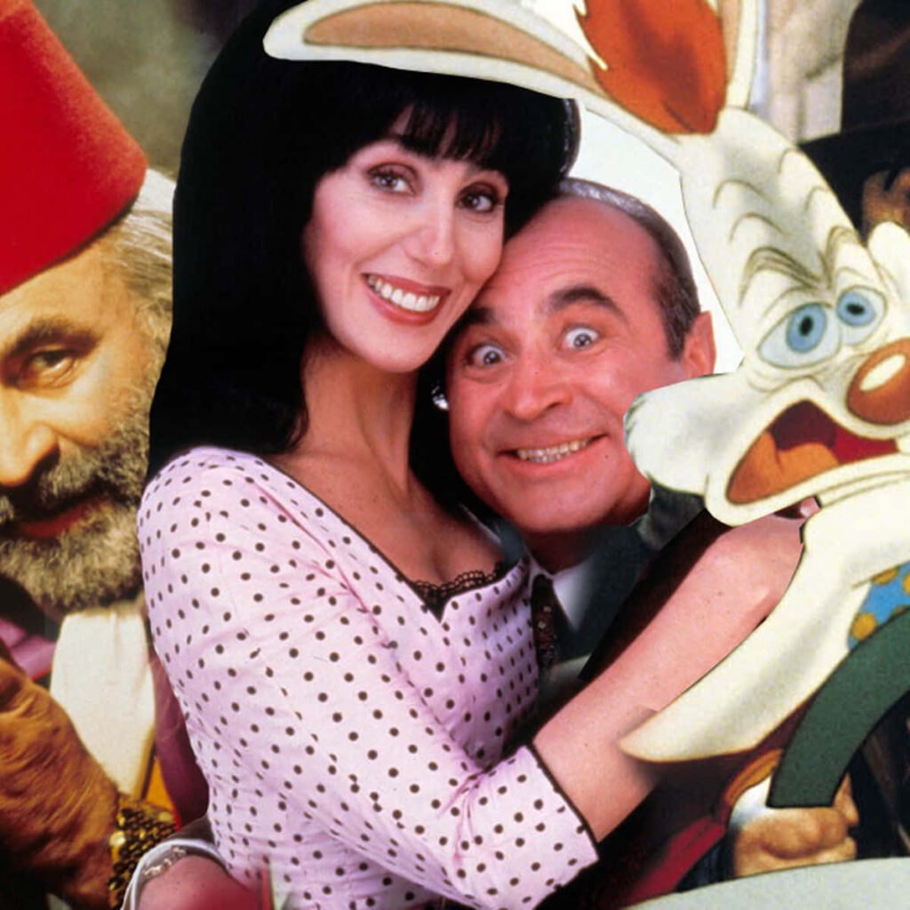 Cher Bob Hoskins and animated Roger Rabbit playful wallpaper blending real cartoon worlds