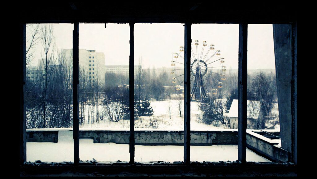 Haunting Chernobyl Pripyat interior with broken windows snow-covered ghost city ferris wheel view Wallpaper