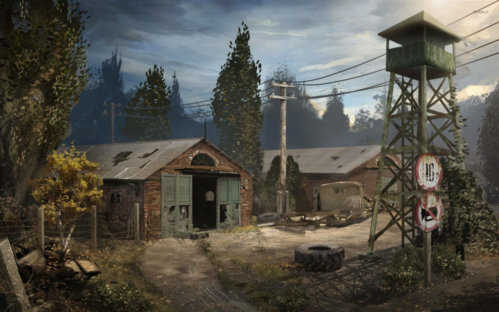 Chernobyl S.T.A.L.K.E.R. abandoned rusty compound with green watchtower and moody sky wallpaper