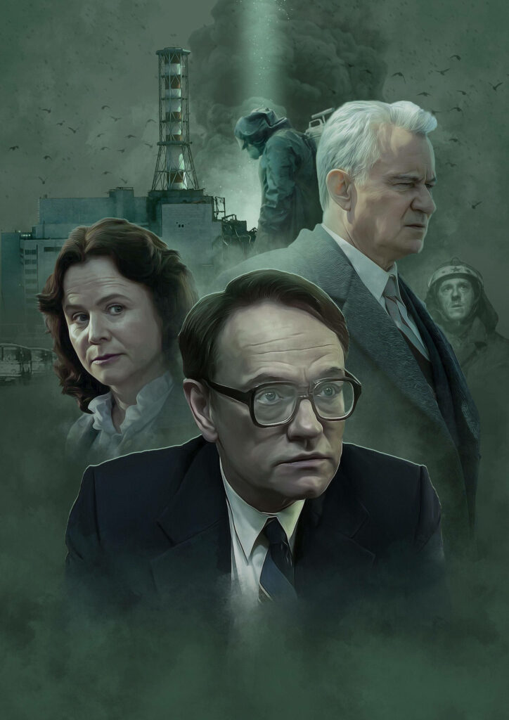 Chernobyl wallpaper with Boris Ulana Valery by green smoky nuclear plant background dramatic lighting