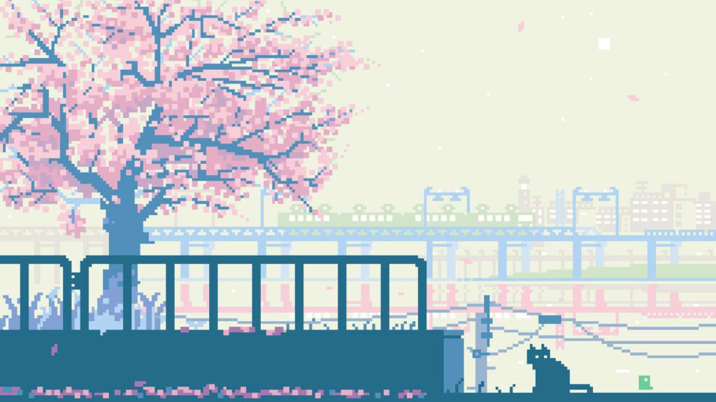 Cherry Blooms and Feline Friends: A Japanese Pixel Art Aesthetic Wallpaper in Shades of Pink