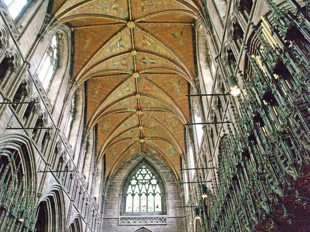 Chester Cathedral Gothic quire ceiling ornate painted vaults woodwork stone tracery interior Wallpaper