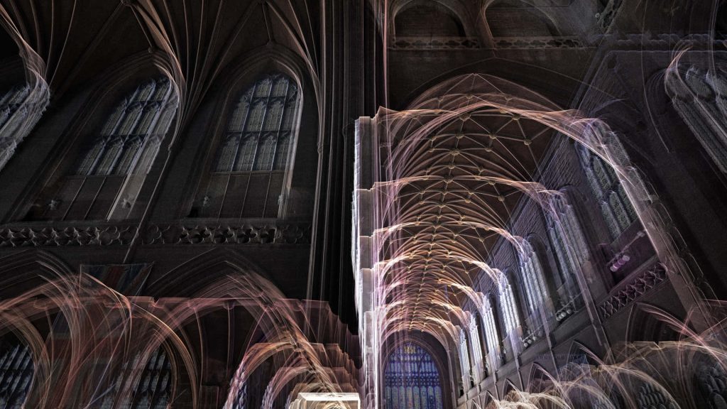 Gothic Chester Cathedral vaulted arches glowing with mystical light trails atmospheric wallpaper