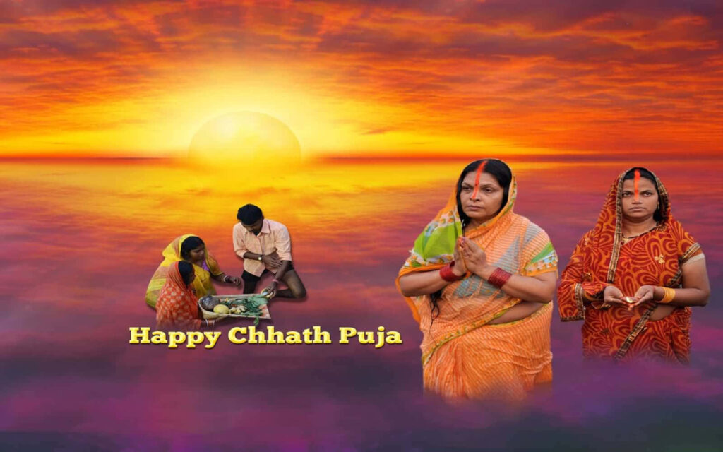 Women in traditional attire performing Chhath Puja rituals at sunrise with vibrant colorful sky backdrop Wallpaper